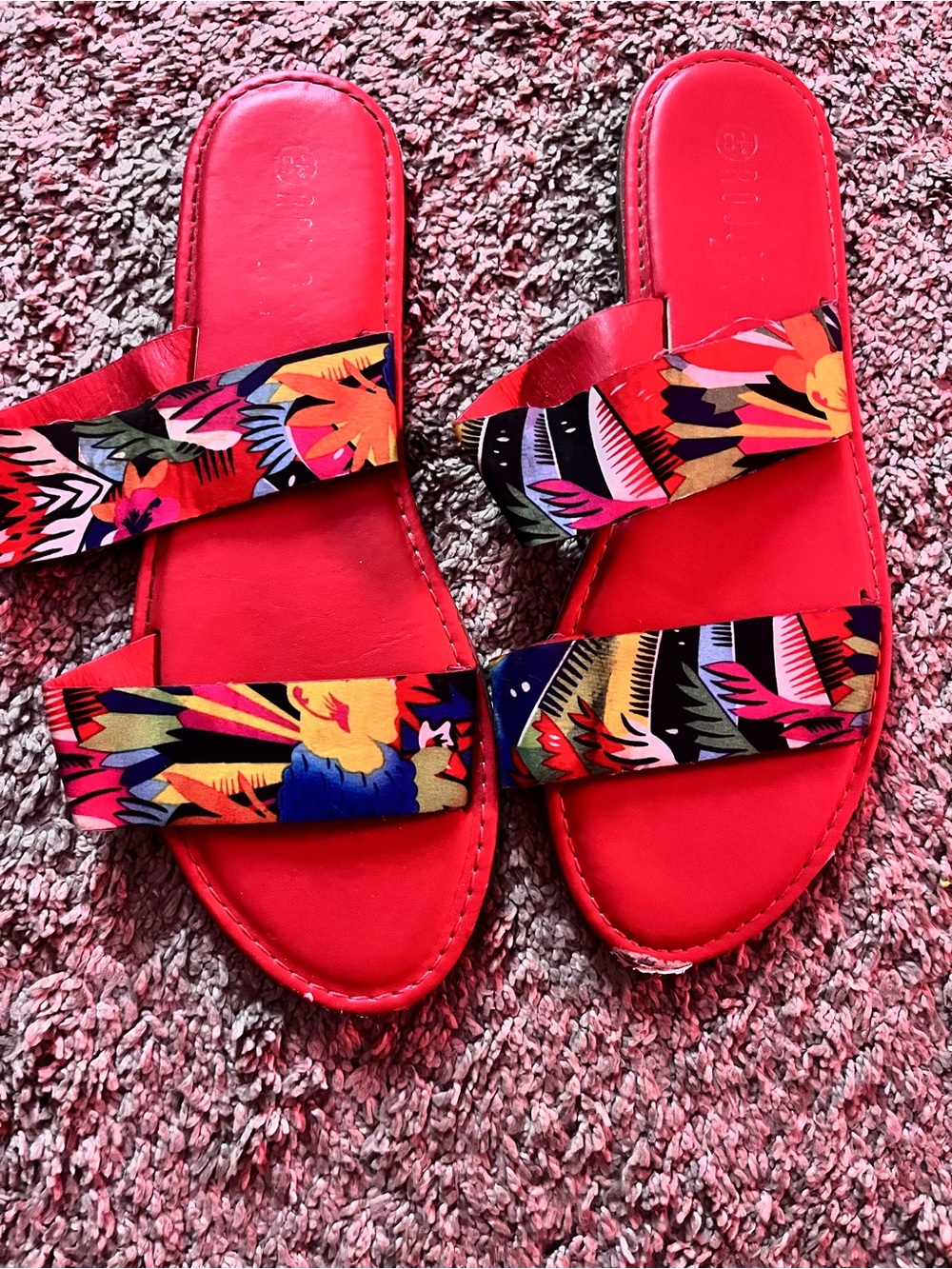 Women's Red Slide Sandals with Multicolor Floral Straps